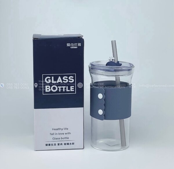 Glass Tumbler with Leather Strap & Straw 500ml
