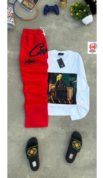 Ensemble homme : jogging rouge et sweat blanc