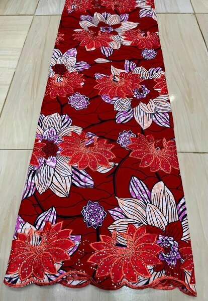 Tissu pagne rouge fleurs