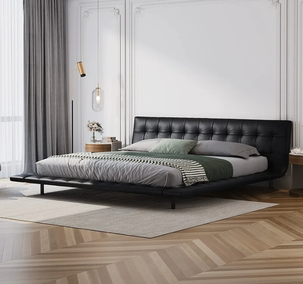 Lit design capitonné en cuir noir