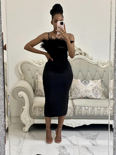 black dress with feathers