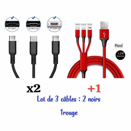 Lot De 3 Câbles Multiport Pour Téléphones Android Et Iphones - Noir Et Rouge