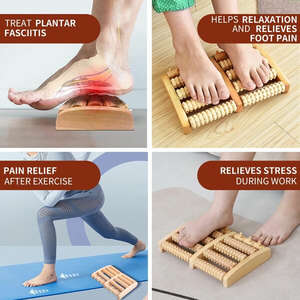 Traditional Wooden 12 Roller Foot Massager, Acupressure Roller Wood Foot Massager Stress Reliever 12 Rollers