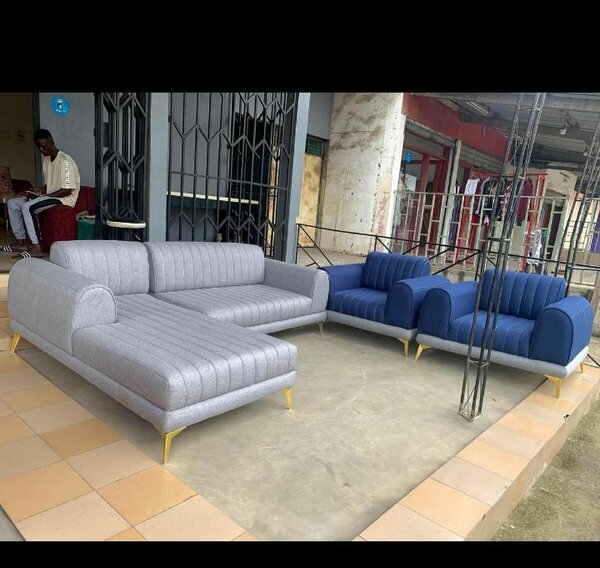 Canapé d'angle moderne en cuir - gris et bleu