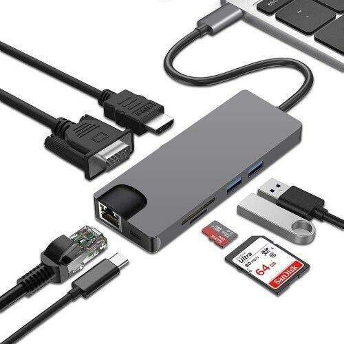 Adaptateur Type-C 8 En 1 Vers HDMI, VGA, RJ45, USB 3.0 - Gris