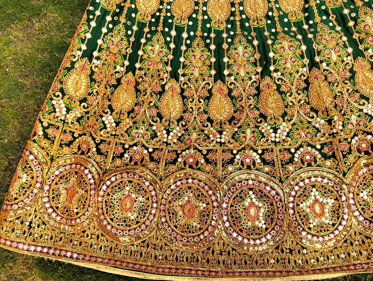 Lehenga with Dubata , Dark green with multi color dubata