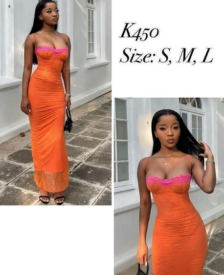 long orange dress with pink embroidery