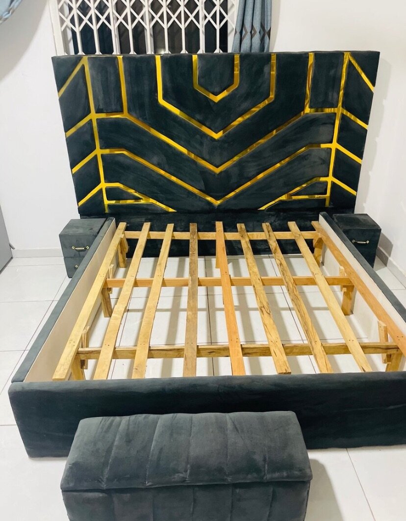 Queen size bed frame with two side cabinets  and storage out