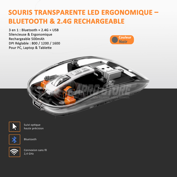 Souris transparente LED ergonomique Bluetooth rechargeable