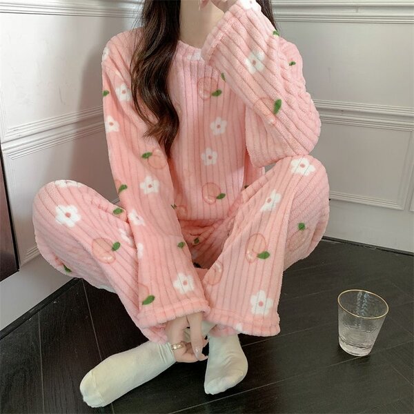 Fleece pajamas white blue pink and brown