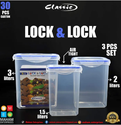 Airtight Food Jar 3 Pc Set Air Lock Seal Lock Crunch/Candy Jar ( 1.5 , 2 & 3 Litter )