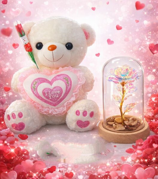 Peluche ours en verre avec rose