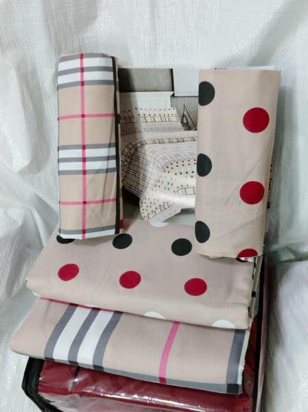 Set duvet cover, sheet + 2 pillowcases, beige, geometric print (stripes, circles)