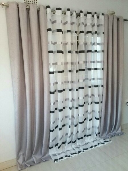 2 drops of curtains light violet and white with horizontal stripes