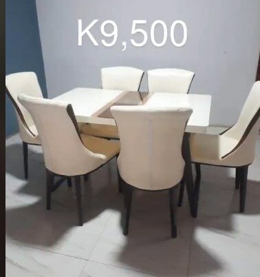 Set of brown table 6 beige soft chairs