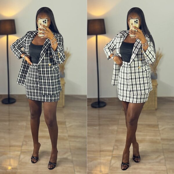 Ensemble jupe et veste carreaux noir et blanc