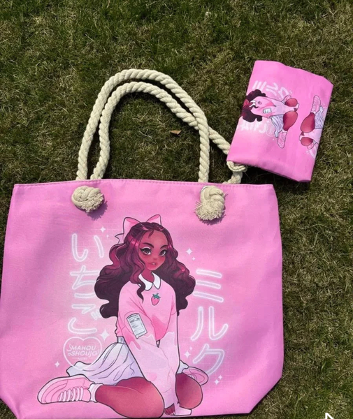 Sac cabas rose avec dessin kawaii