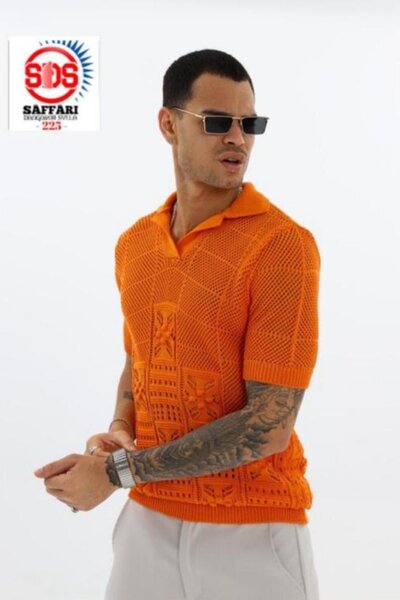 Polo orange en maille ajourée