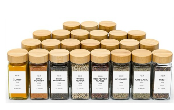 Set of spice jars with bamboo lids, 24 pcs., glass, signed labels