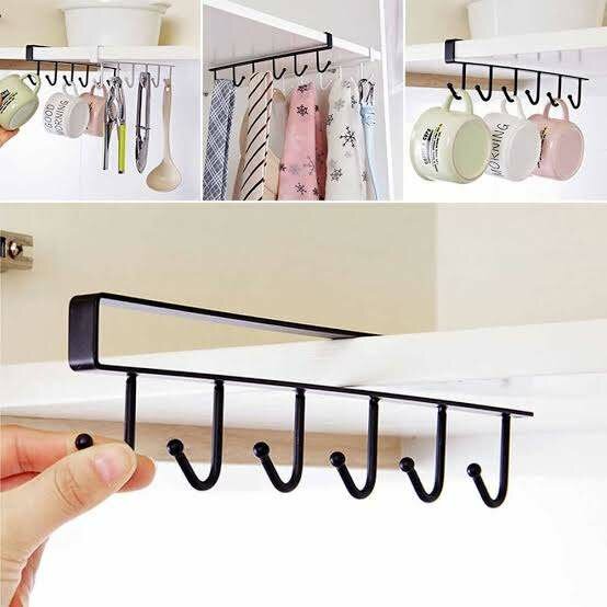 Under Cabinet 6 Hooks Mug Cup Holder for Kitchen, Mug Cup storage Rack, for Cupboards Wardrobes, Under Cabinet Utensils Hanger, Hanging Organizer rack for Kitchen Accessories