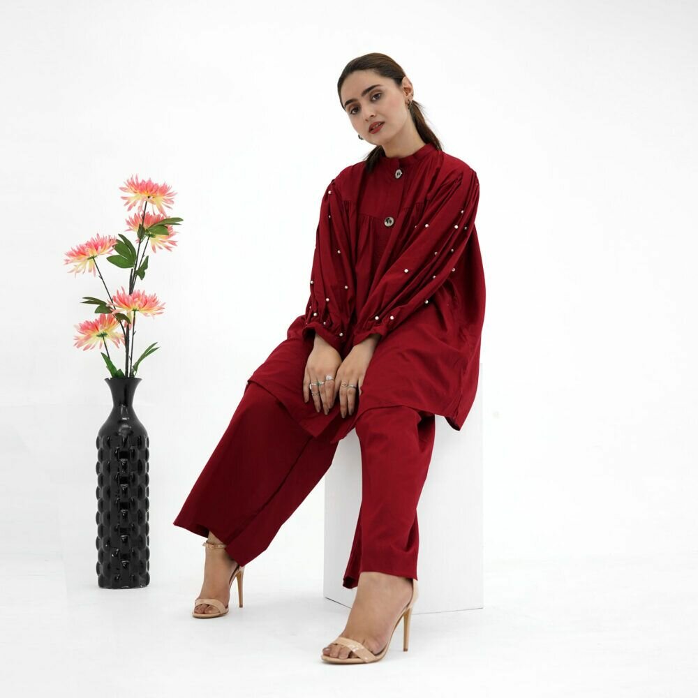 Maroon Button-Down Tunic with Straight Trousers