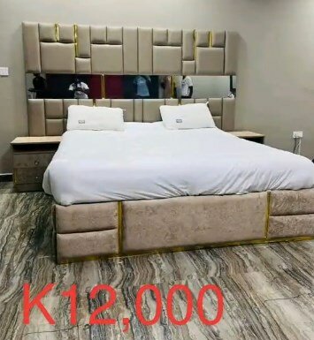 Bed with soft headboard beige + pouf