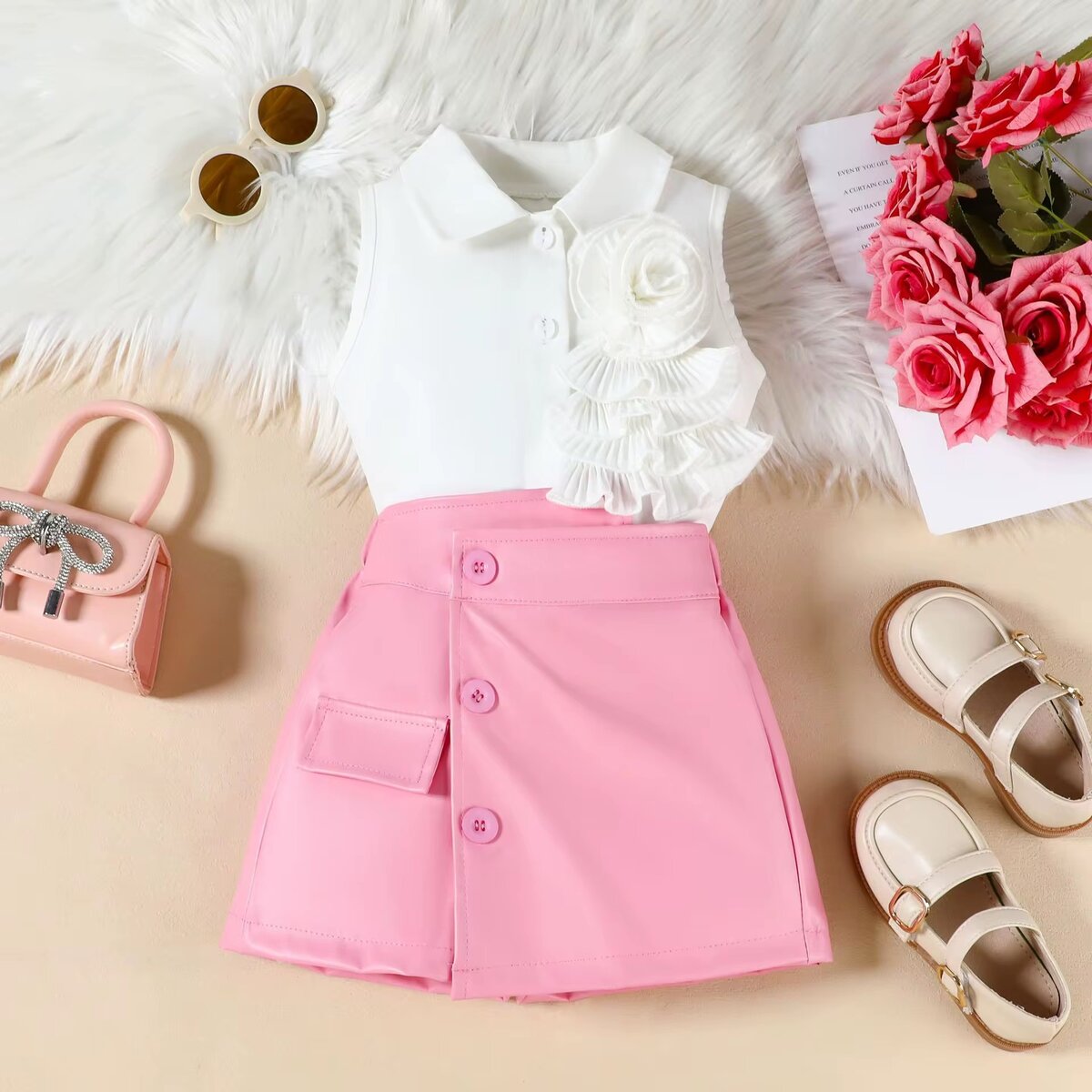 Ensemble fille rose et blanc