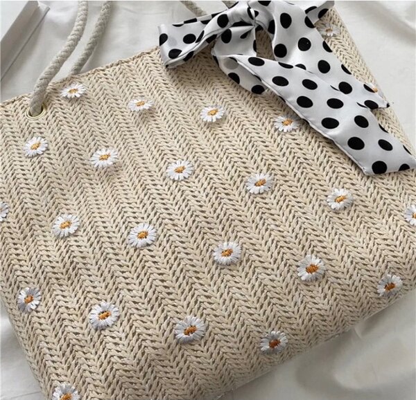 Sac en paille avec nœud pois