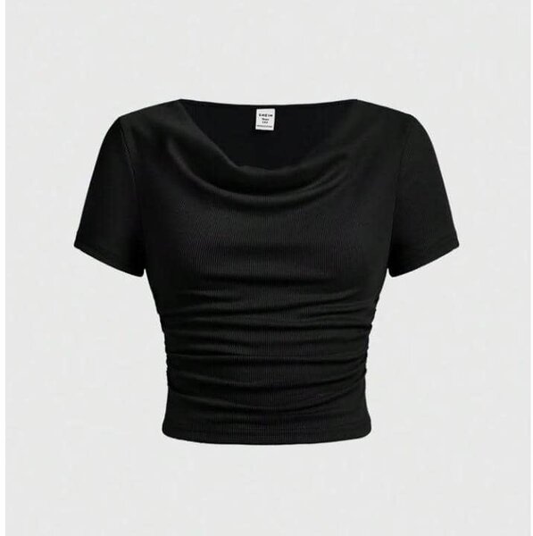 T-shirt noir col cowl femme