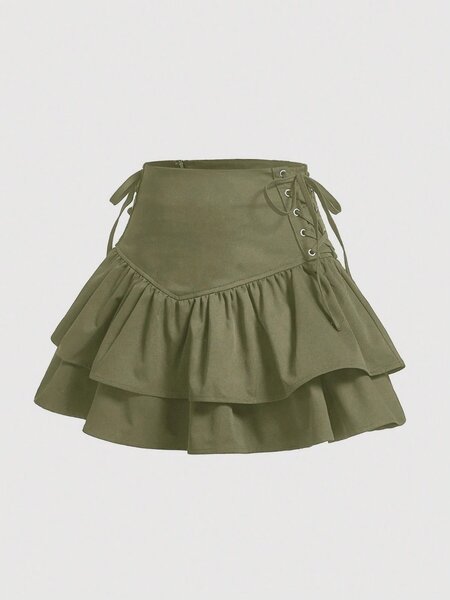 Lace up side layered hem skirt