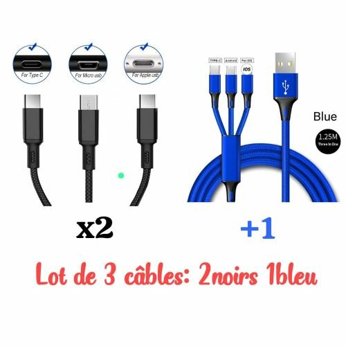Lot De 3 Câbles Multiport Pour Téléphones Android Et Iphones - Noir Et Bleu