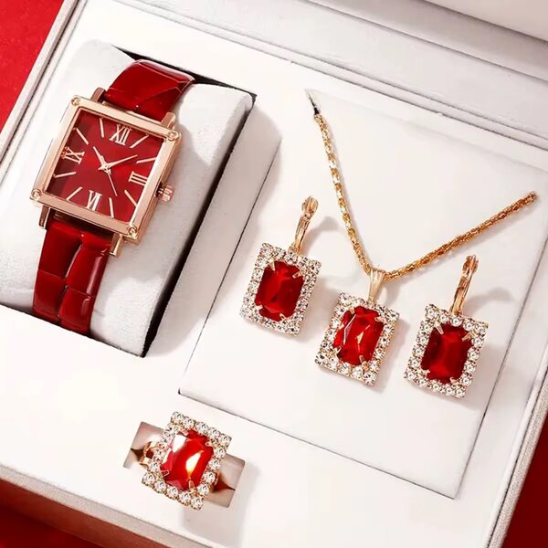 Ensemble Montre et Bijoux Rouges