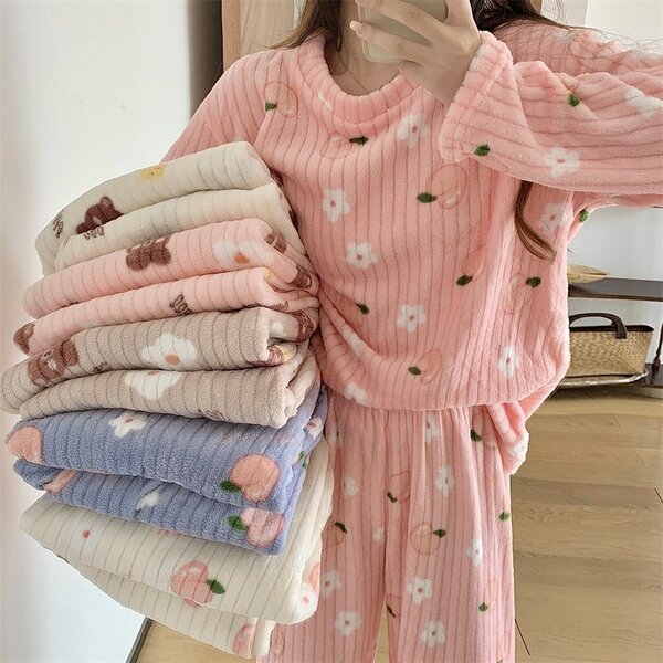 Fleece pajamas white blue pink and brown
