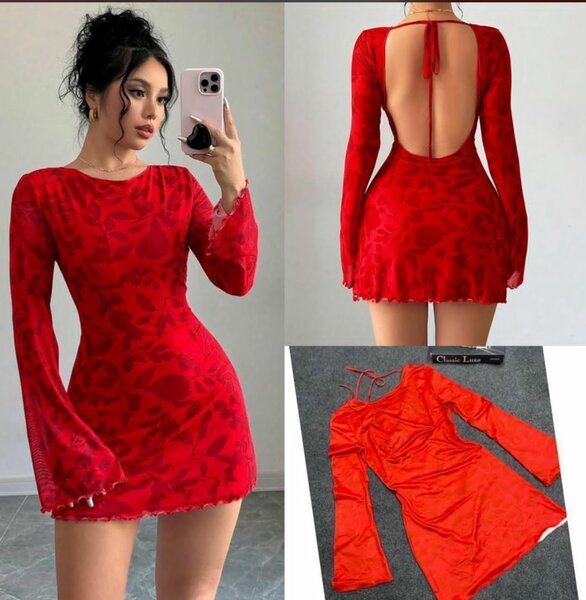 Robe Rouge Glamour Manches Longues