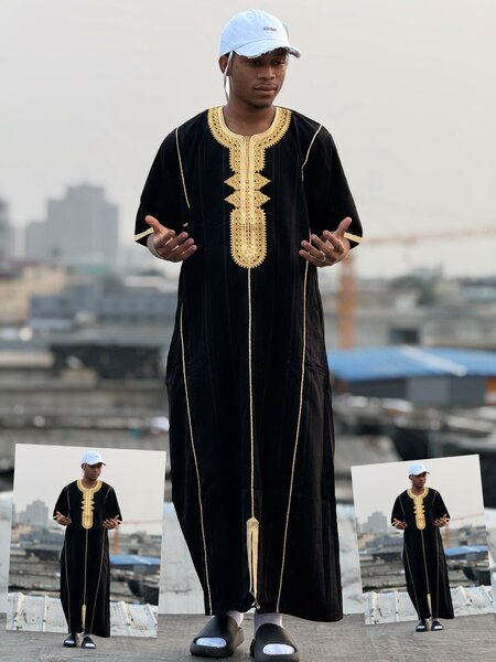 Thobe africain noir homme avec broderie dorée