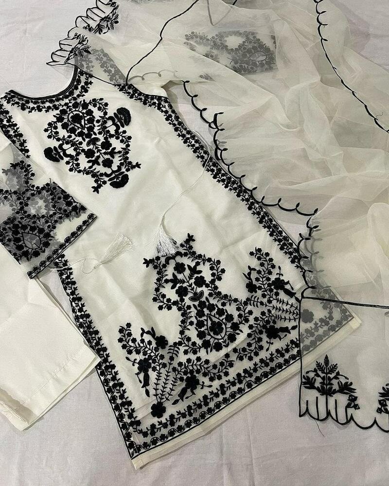 3 pcs women stiched organza embroided suit