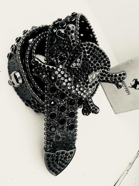 Bracelet crocodile en cuir noir strass
