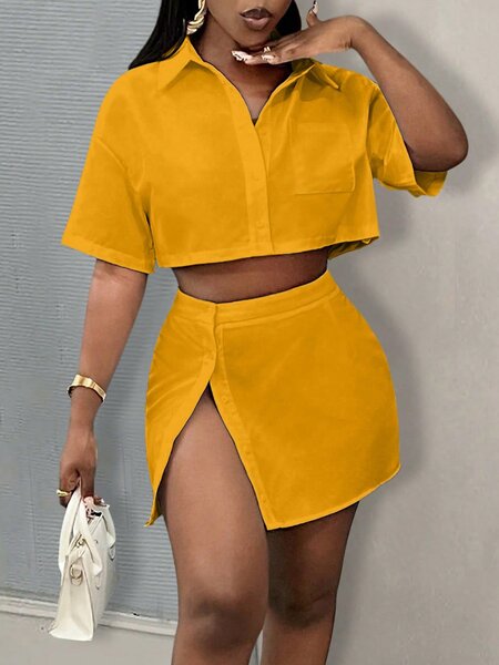 Ensemble jupe et chemisier jaune femme