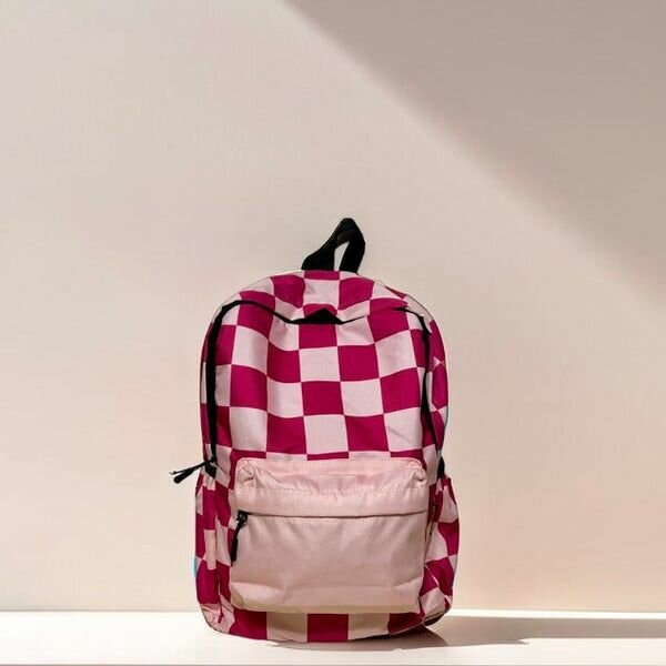 DB103 Pink Checkered Allover Printed Backpack