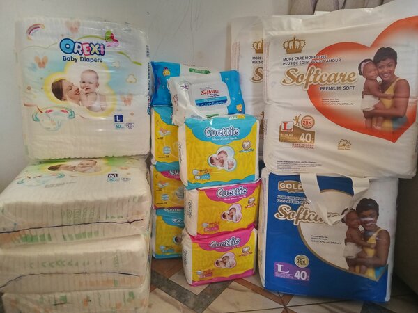 Softcare wipes and diaper, cuettie diaper and orexi baby dia