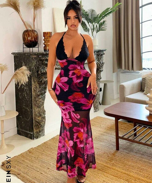 Robe longue fleurie sexy noire et violette
