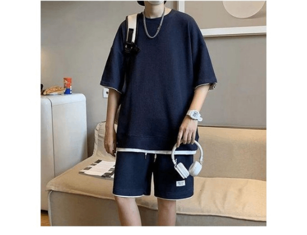 T-shirt short gaufré bleu mari