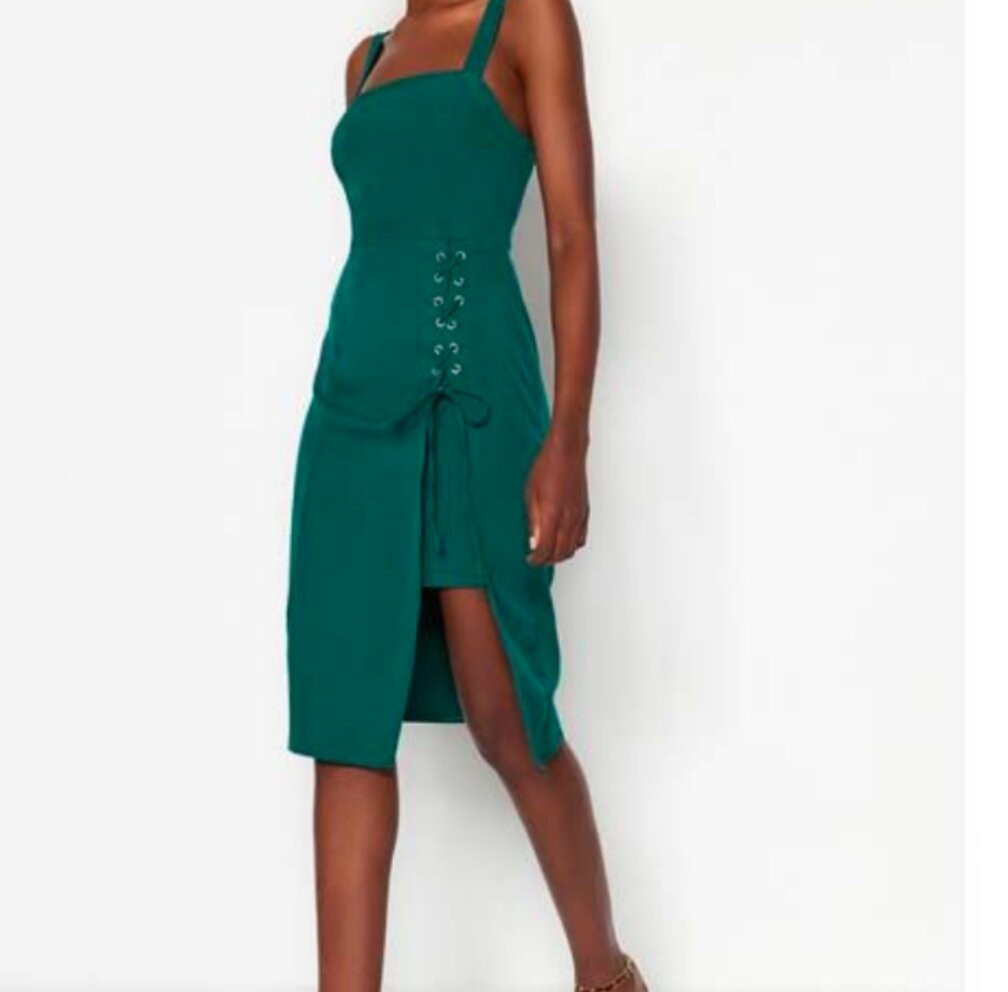 Emerald Green Lace-Up Midi Dress