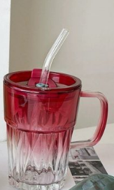 Crystal Diamond Glass Cup with Splash-Proof Lid and Reusable Glass Straw