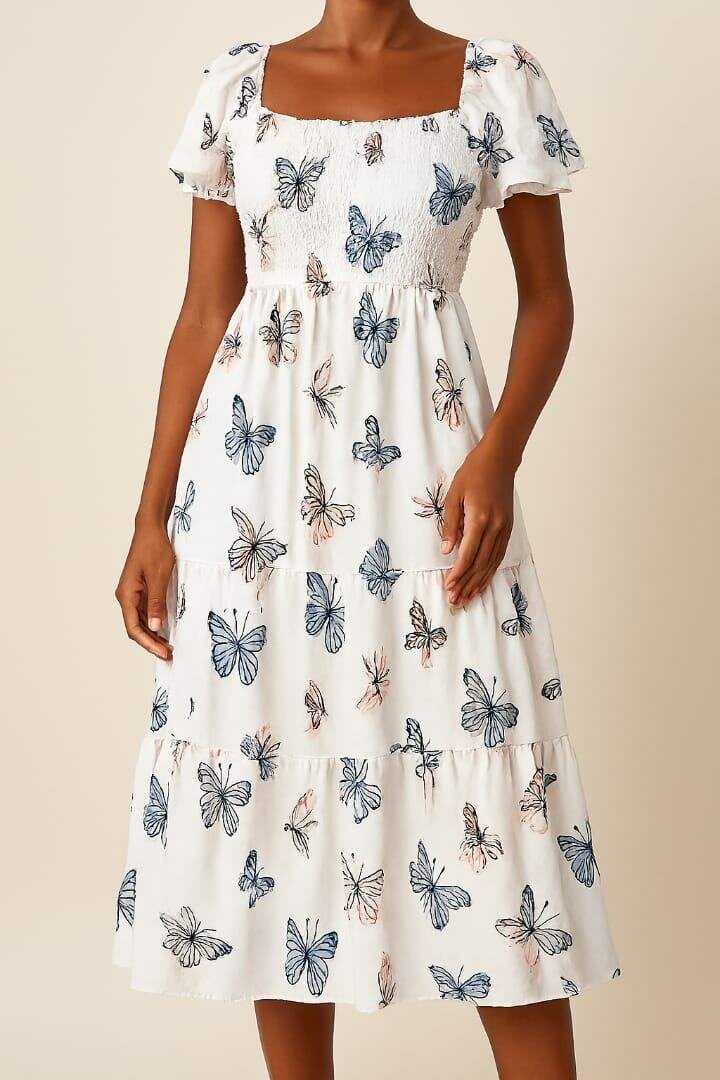 Robe mi-longue imprimée papillons
