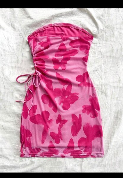 Butterfly print side tie strapless dress