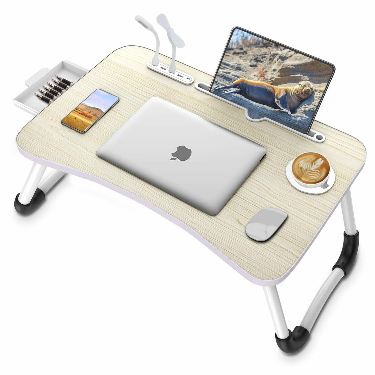 USB laptop table with accessories and drawer
