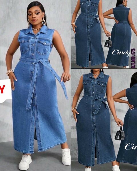 Robe en jean sans manches ceinturée