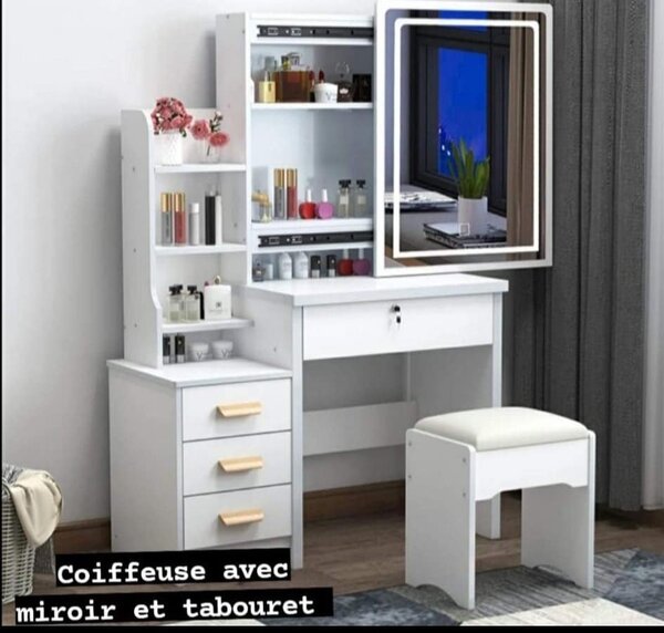 Coiffeuse avec miroir et tabouret