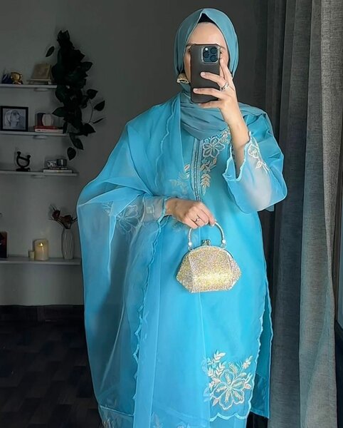 3 Pcs Woman's Stitched Organza with Cut work Shirt And Capri